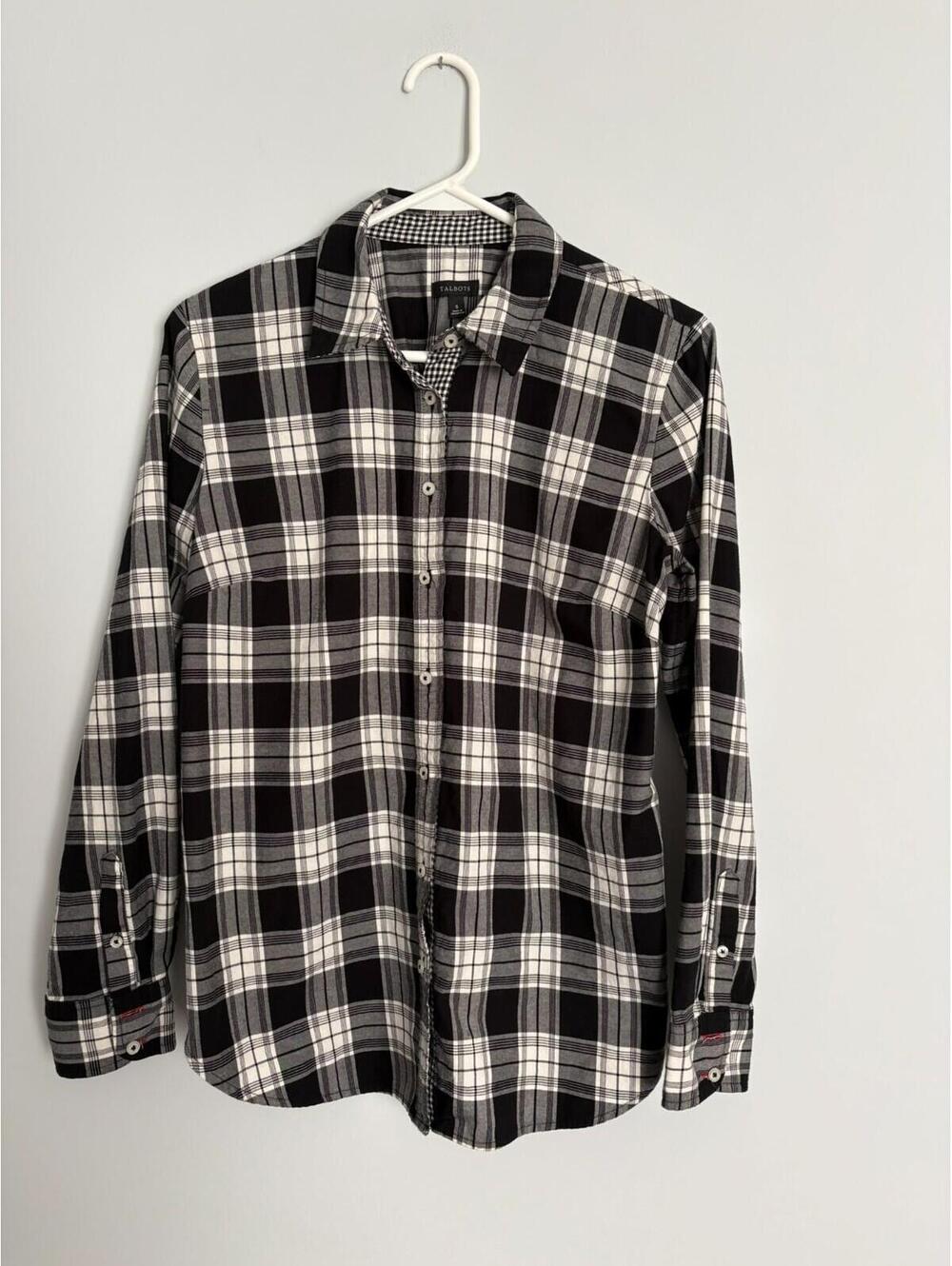 Talbots Black & White Plaid Button Down Shirt Long Sleeve Small 100% Cotton